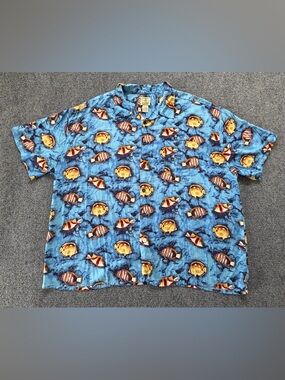 Vintage Morro Bay Hawaiian Shirt Mens XXL Blue Fish Print Rayon Aloha Camp